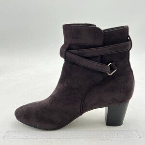 FSJ Dark Brown Round Toe Ankle Boot Walking Chunky Heel Strappy Buckle Shoes